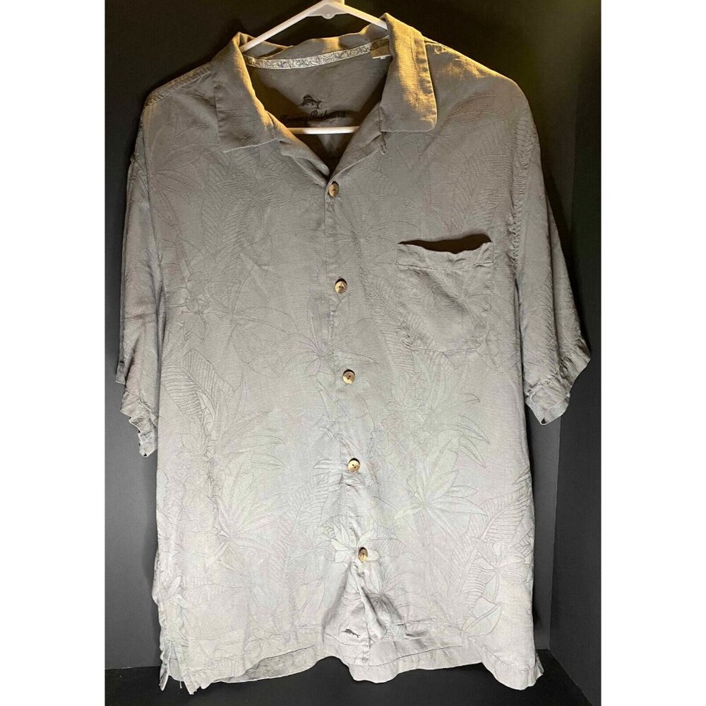 Tommy Bahama Mens L 100% Silk Floral AOP Hawaiian Gray Shirt